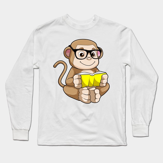 Monkey as Student with Glasses & Book Long Sleeve T-Shirt by Markus Schnabel